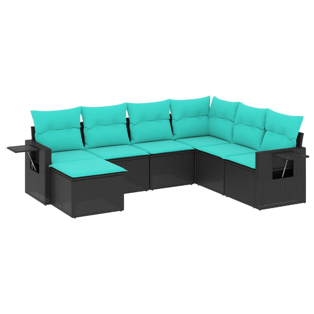 Salon de jardin 7 pcs avec coussins noir résine tressée