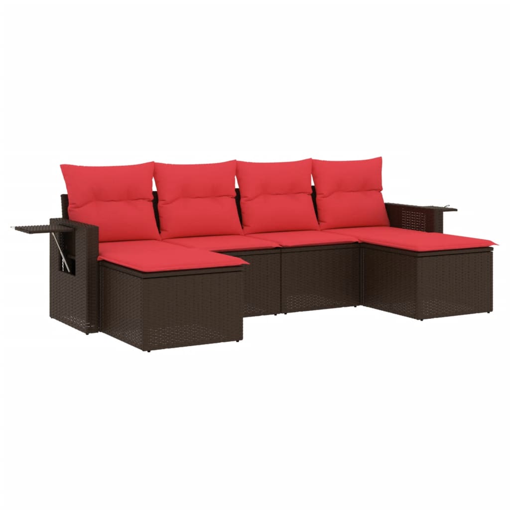 Ensemble de canapé de jardin 6 pcs avec coussins marron résine tressée