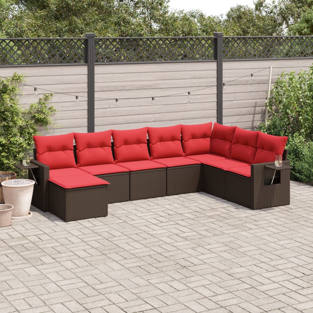 Ensemble de canapé de jardin 8 pcs avec coussins marron résine tressée