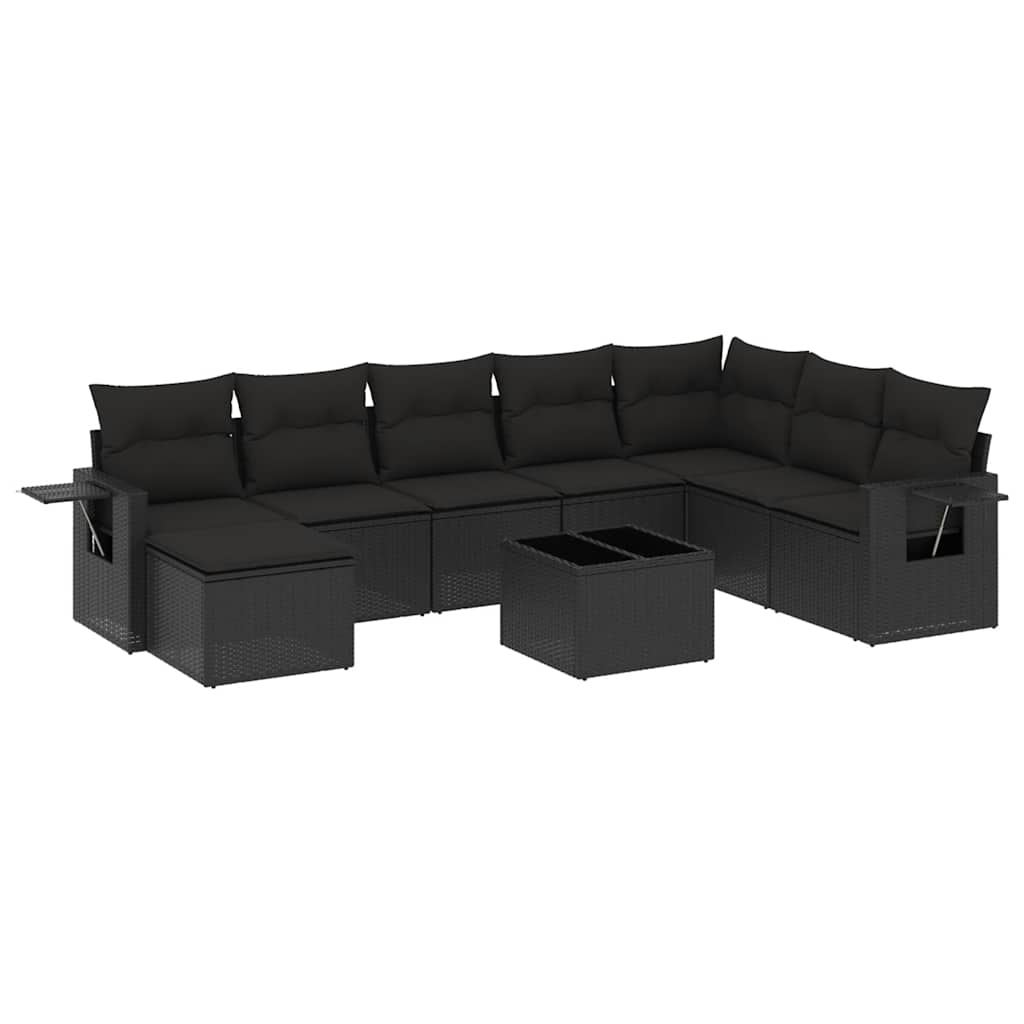 Salon de jardin 9 pcs avec coussins noir résine tressée