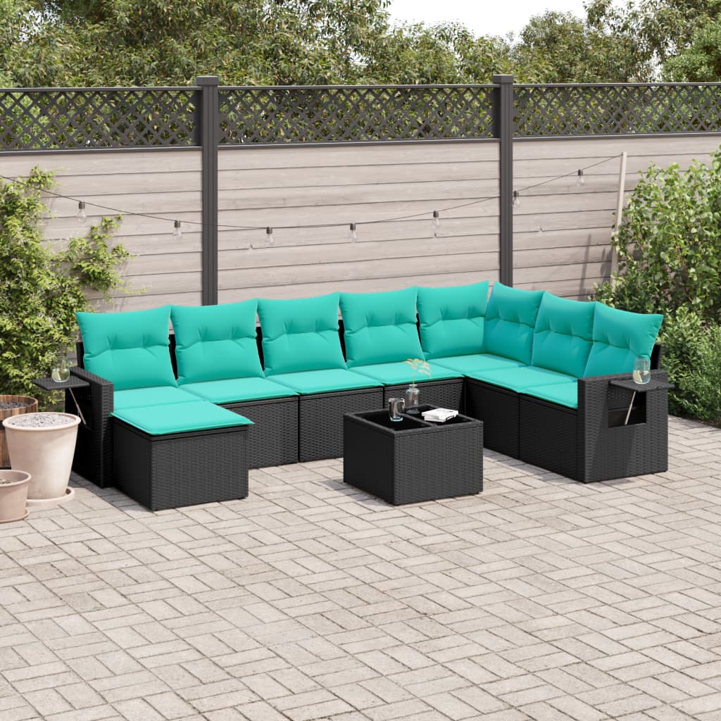 Ensemble de canapé de jardin 9 pcs avec coussins noir résine tressée