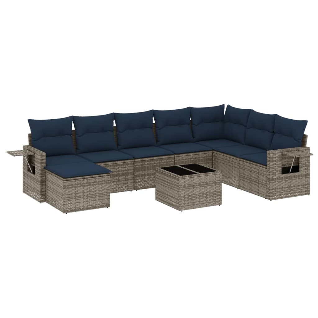Ensemble de canapé de jardin 9 pcs avec coussins gris résine tressée