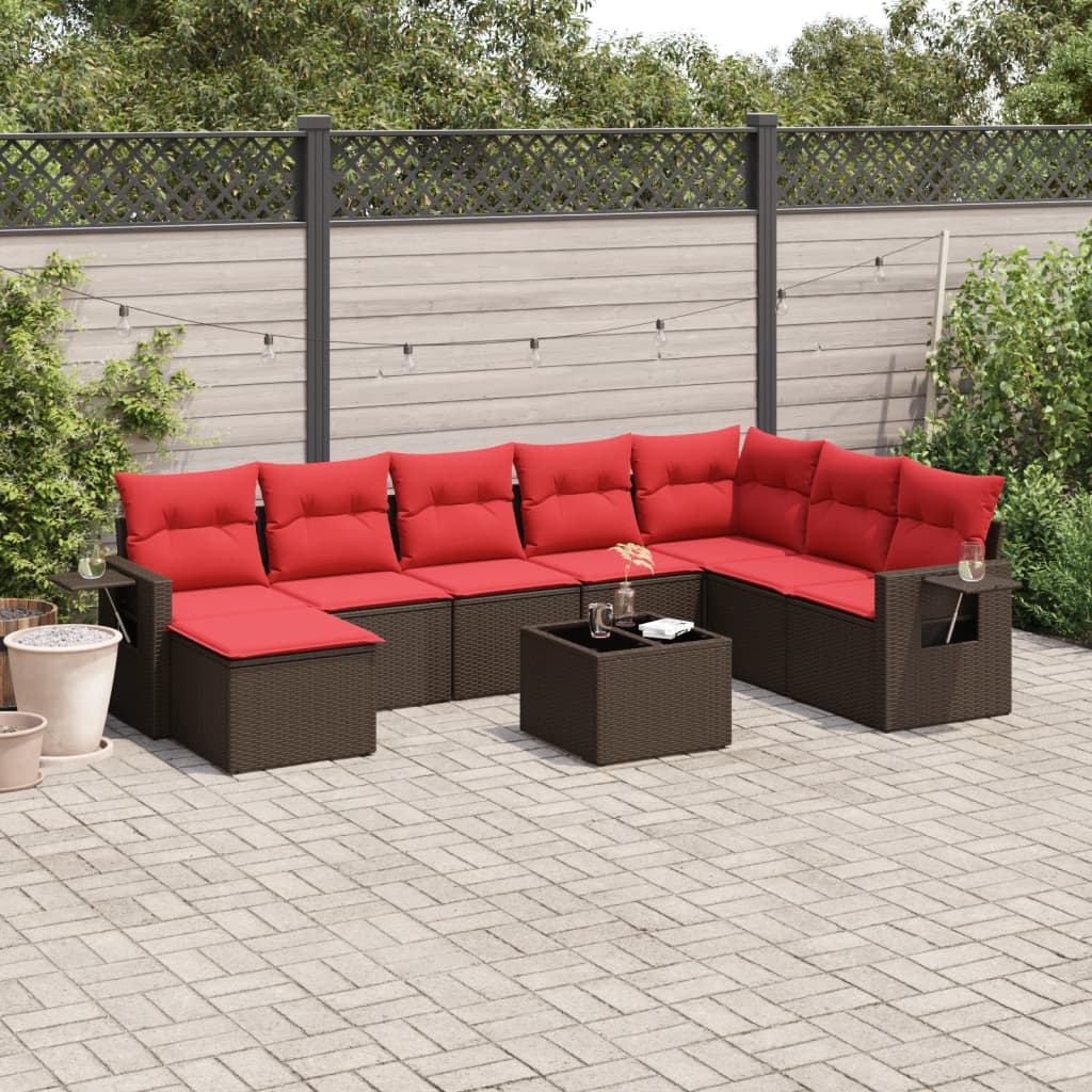 Ensemble de canapé de jardin 9 pcs avec coussins marron résine tressée