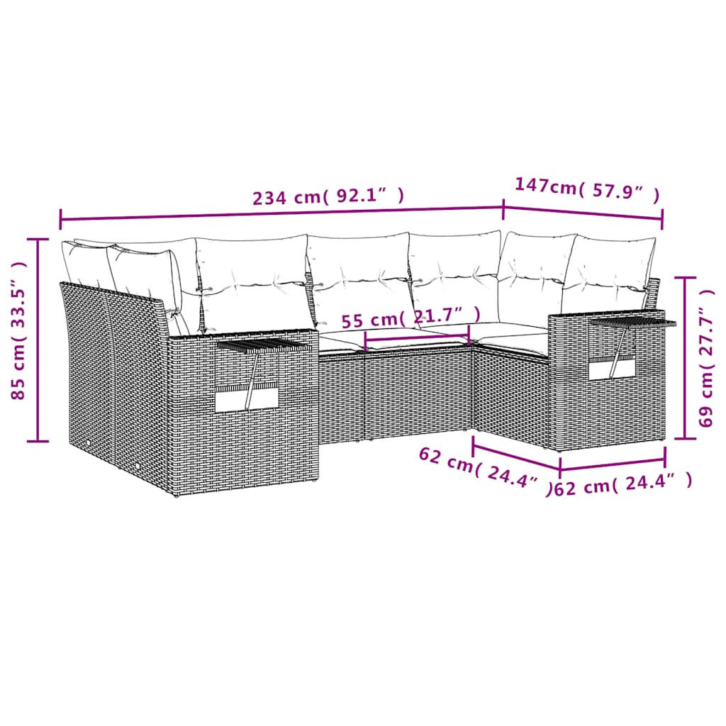 Ensemble de canapé de jardin 6 pcs avec coussins gris résine tressée