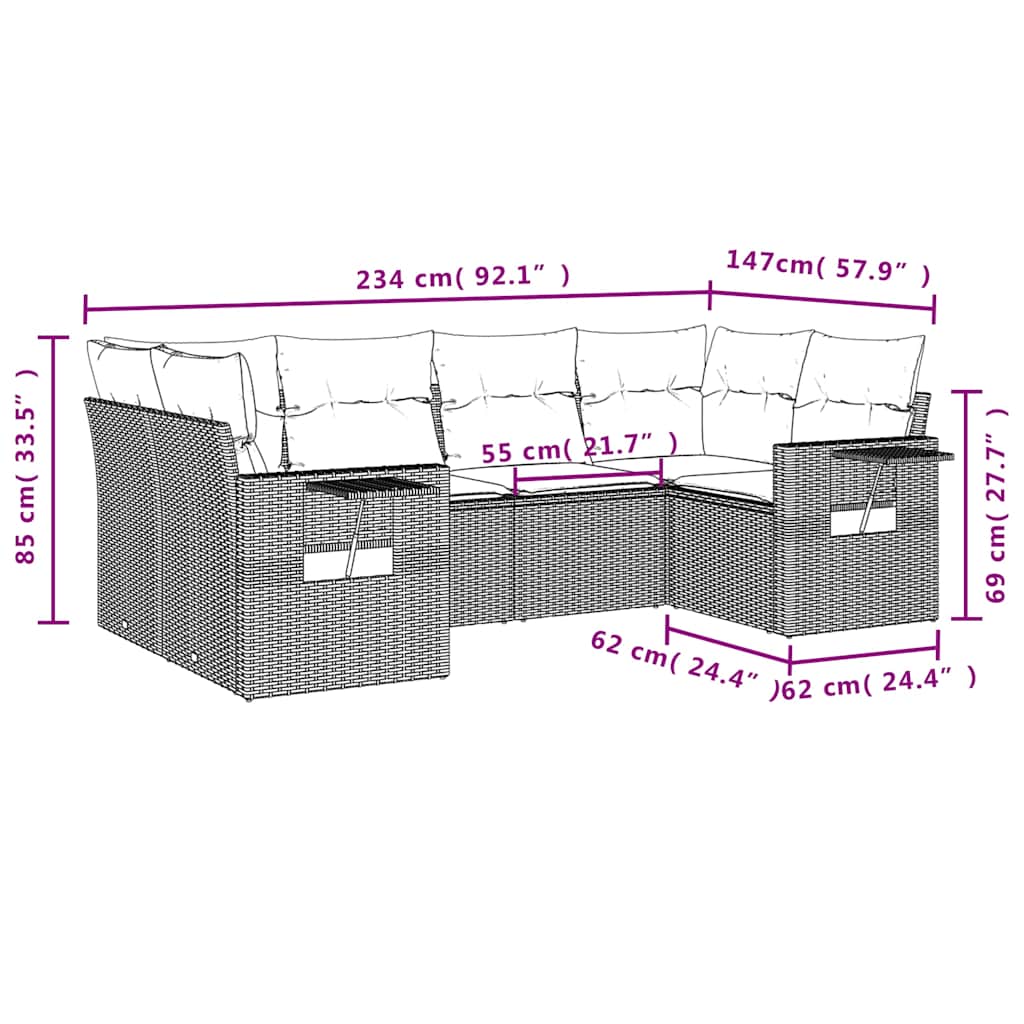 Ensemble de canapé de jardin 6 pcs avec coussins marron résine tressée