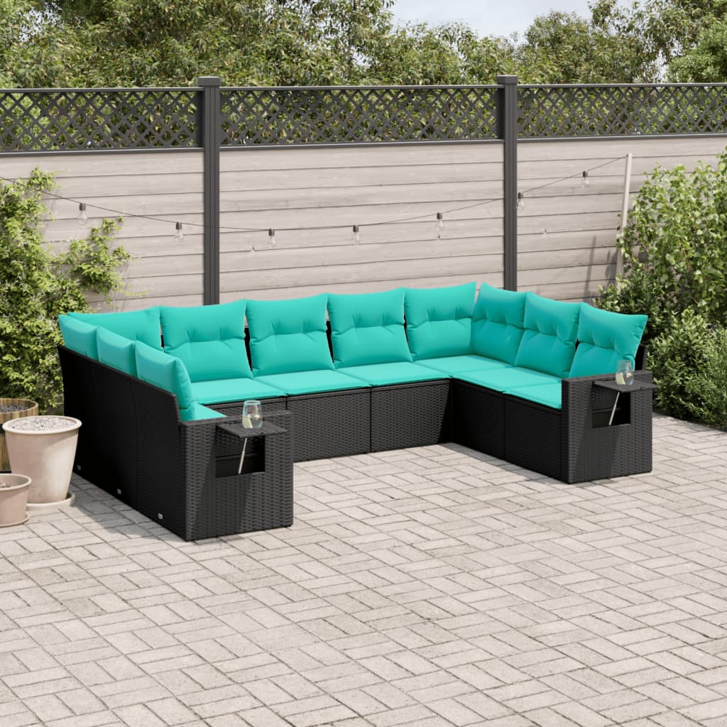 Salon de jardin 9 pcs avec coussins noir résine tressée
