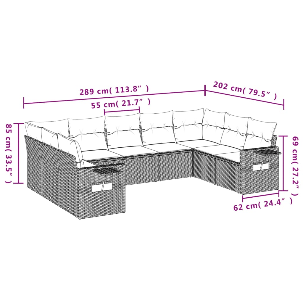 Ensemble de canapé de jardin 9 pcs avec coussins gris résine tressée