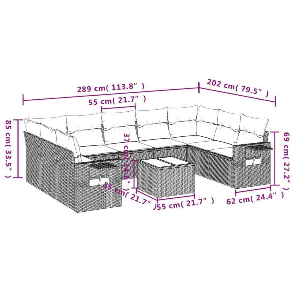 Ensemble de canapé de jardin 10 pcs avec coussins gris résine tressée