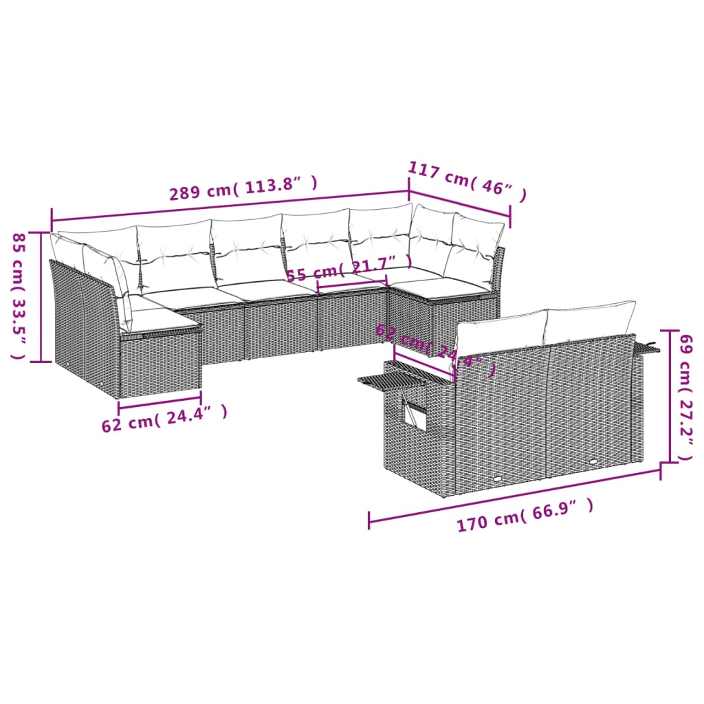 Ensemble de canapé de jardin 9 pcs avec coussins marron résine tressée