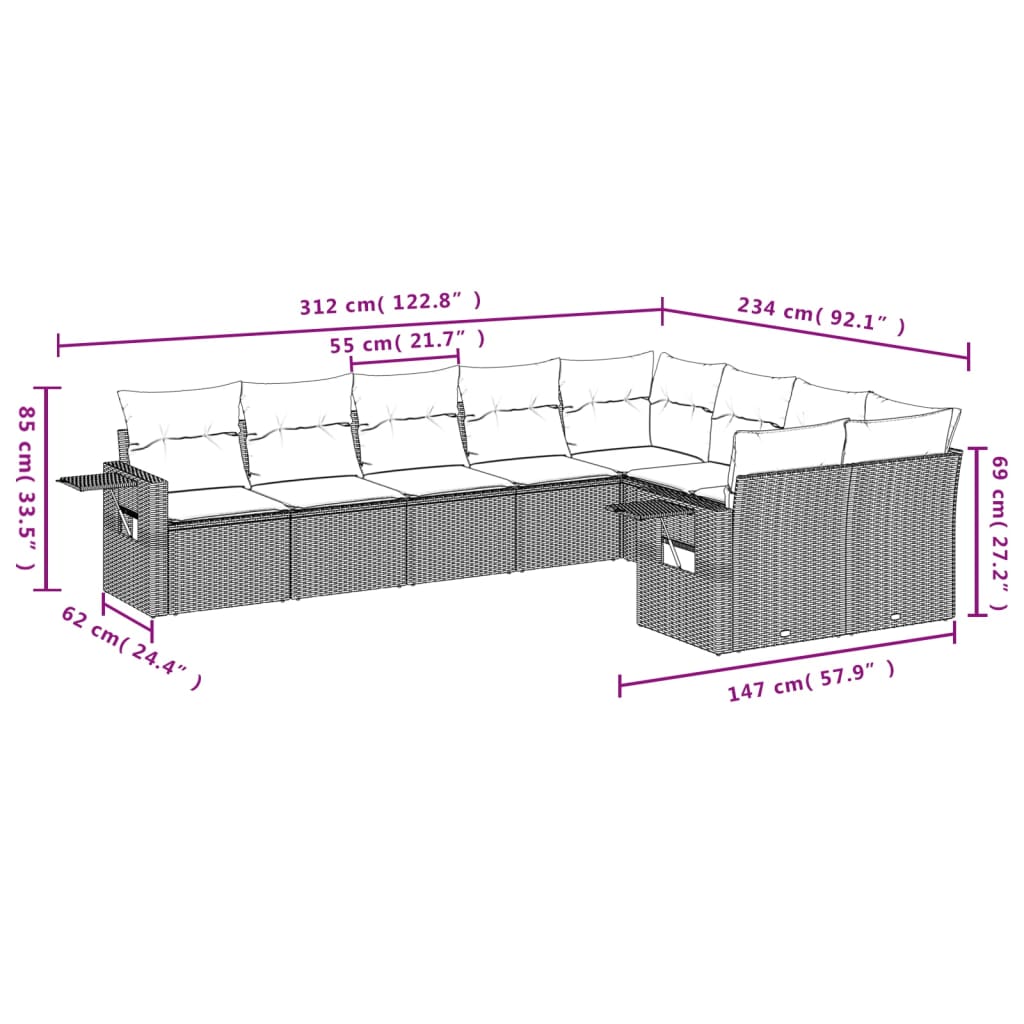 Ensemble de canapé de jardin 9 pcs avec coussins marron résine tressée