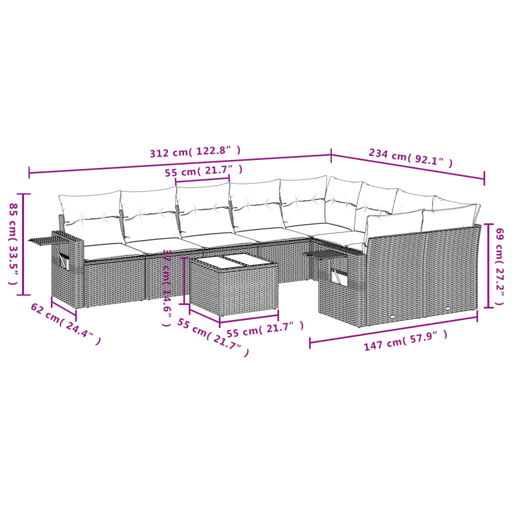 Ensemble de canapé de jardin 10 pcs avec coussins gris résine tressée