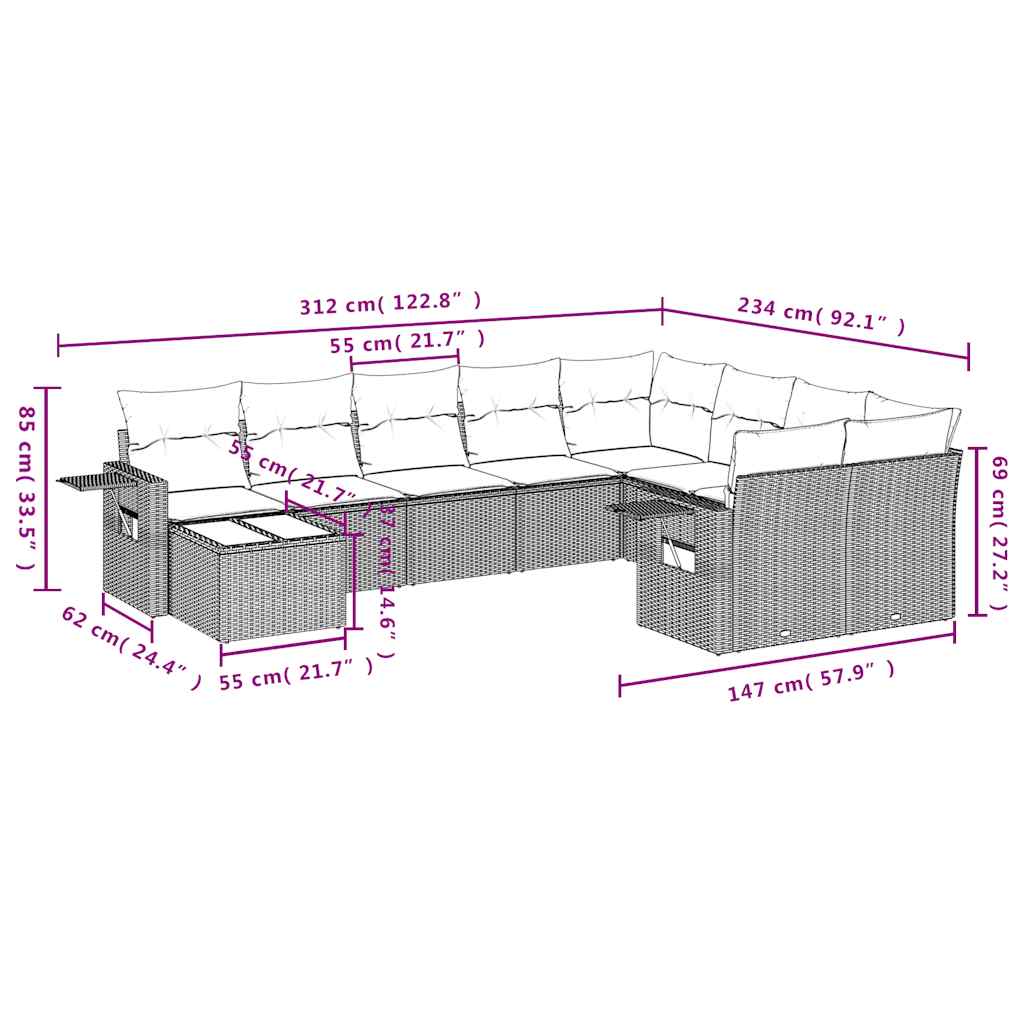 Ensemble de canapé de jardin 10 pcs avec coussins gris résine tressée