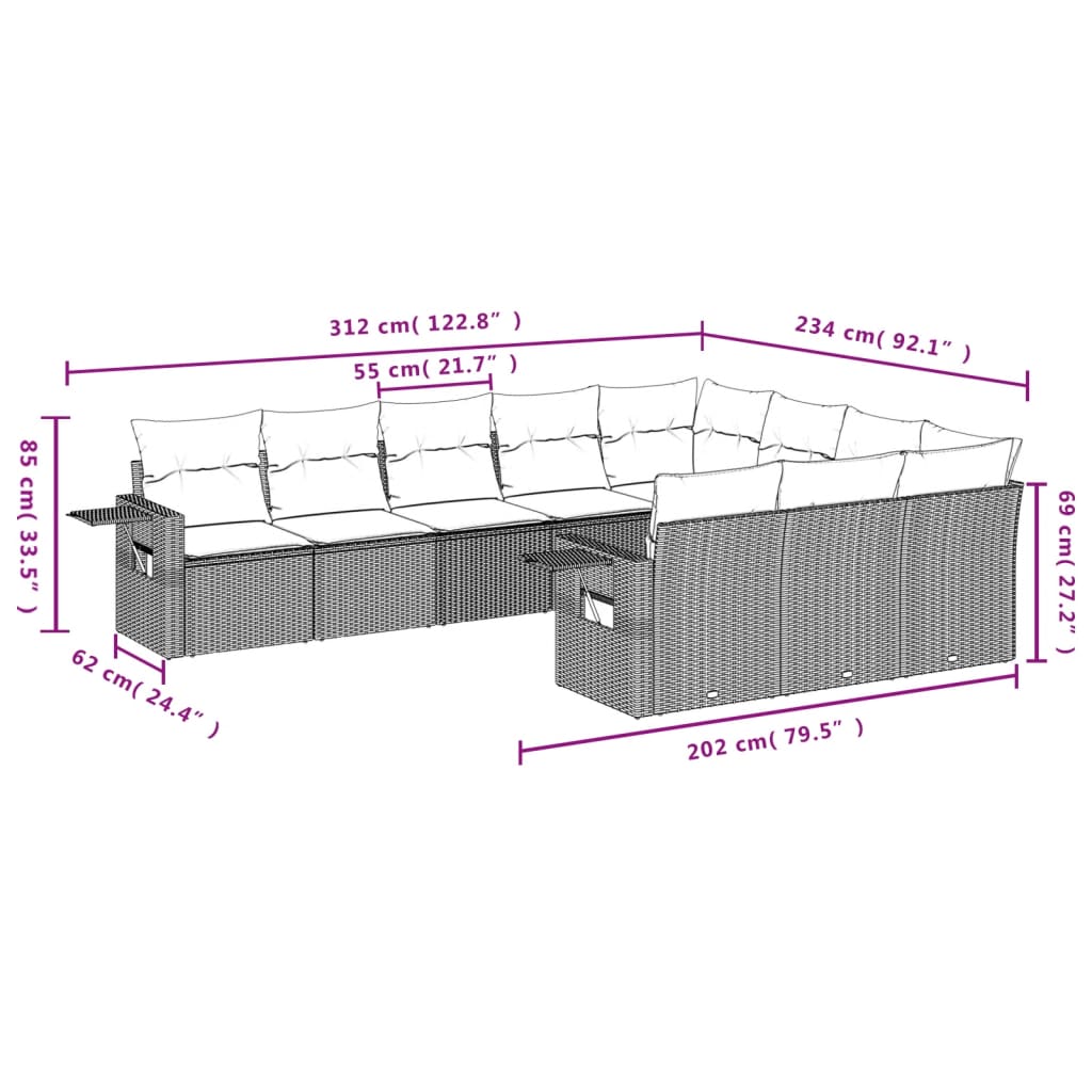 Ensemble de canapé de jardin 10 pcs avec coussins gris résine tressée