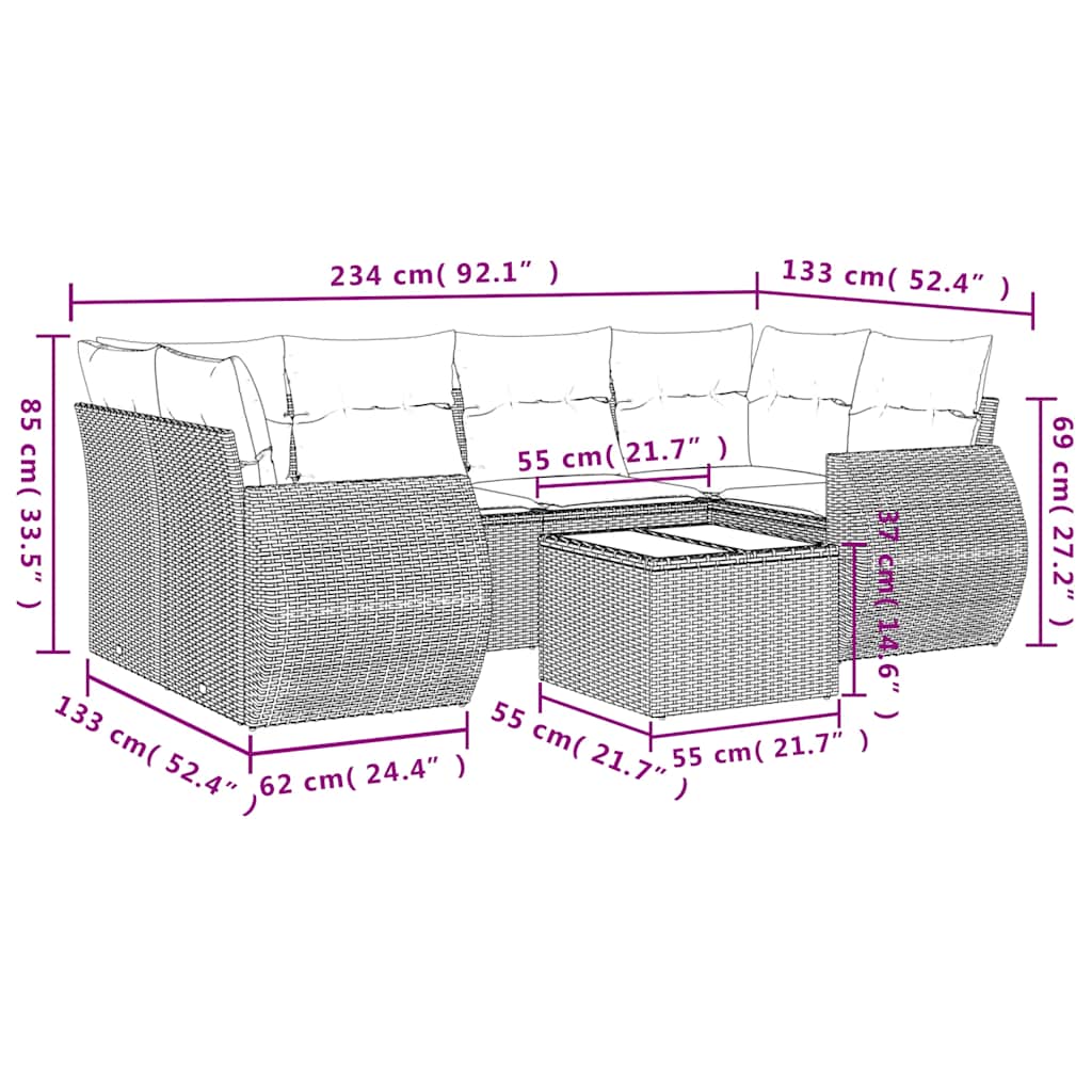 Ensemble de canapé de jardin 7 pcs avec coussins gris résine tressée