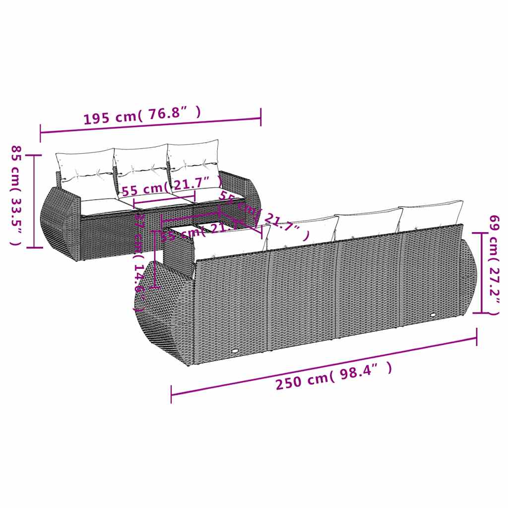 Ensemble de canapé de jardin 8 pcs avec coussins gris résine tressée