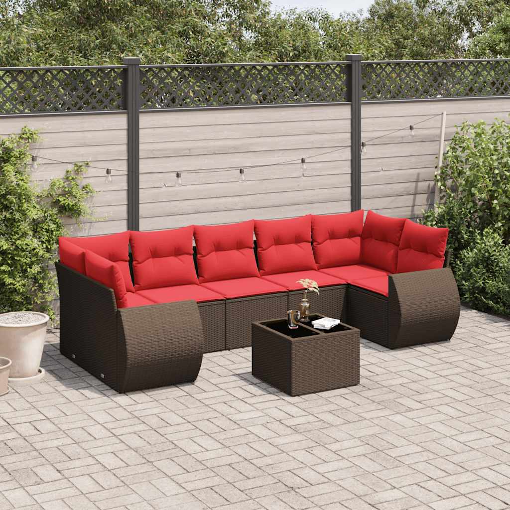 Ensemble de canapé de jardin 8 pcs avec coussins marron résine tressée