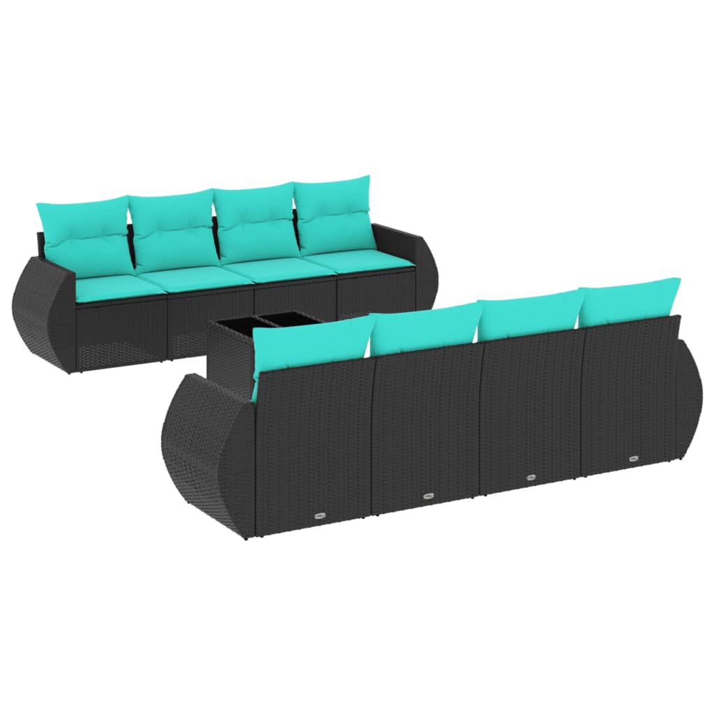 Ensemble de canapé de jardin 9 pcs avec coussins noir résine tressée