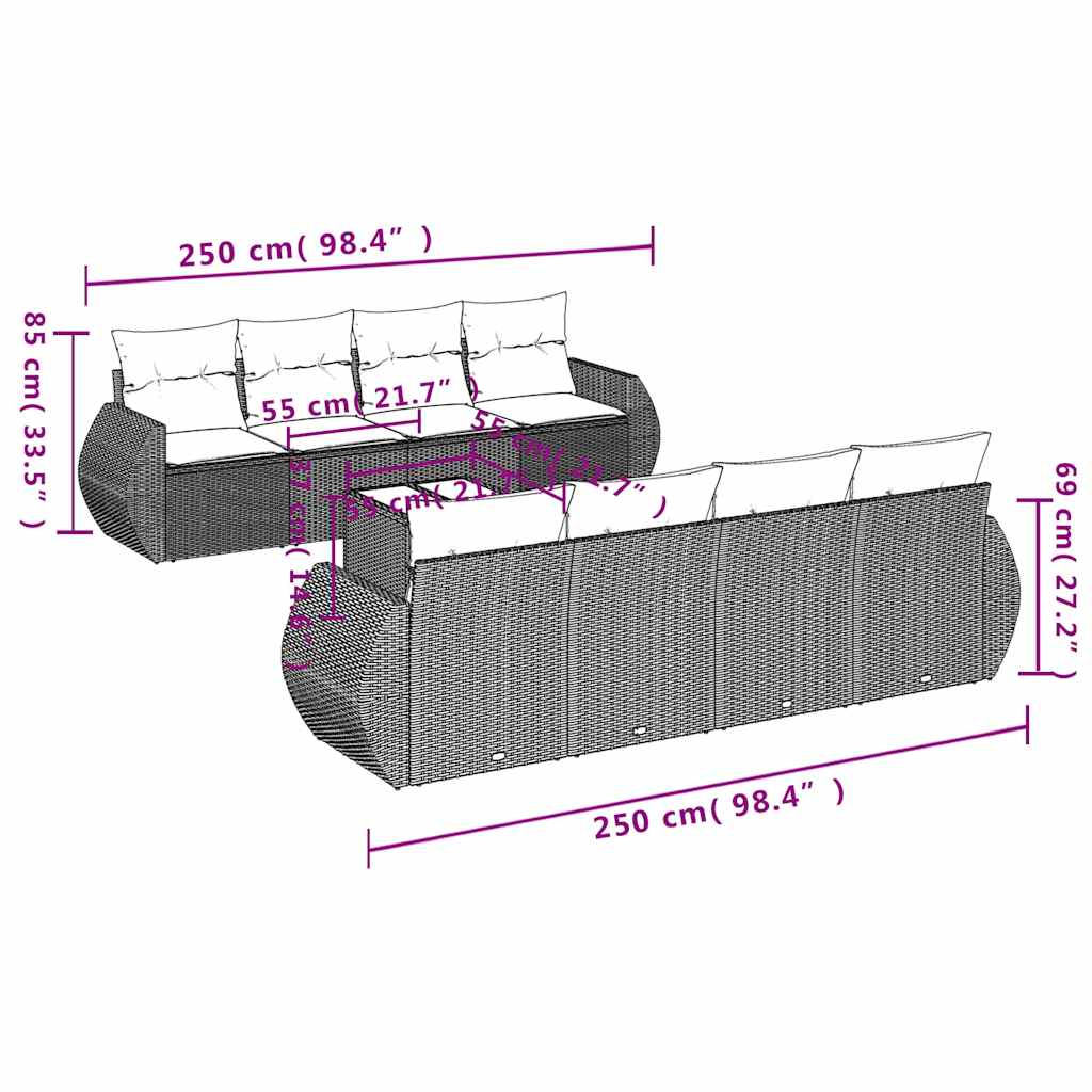 Ensemble de canapé de jardin 9 pcs avec coussins marron résine tressée