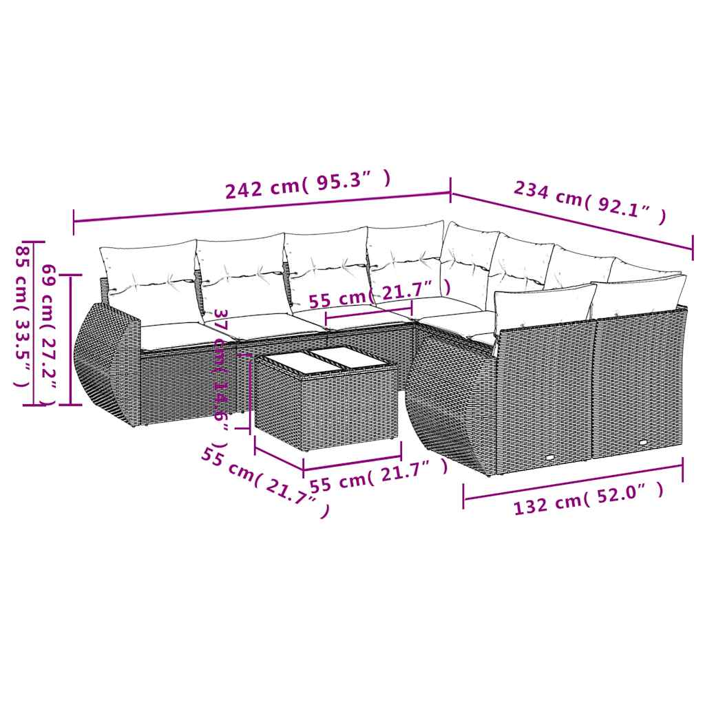Ensemble de canapé de jardin 9 pcs avec coussins gris résine tressée