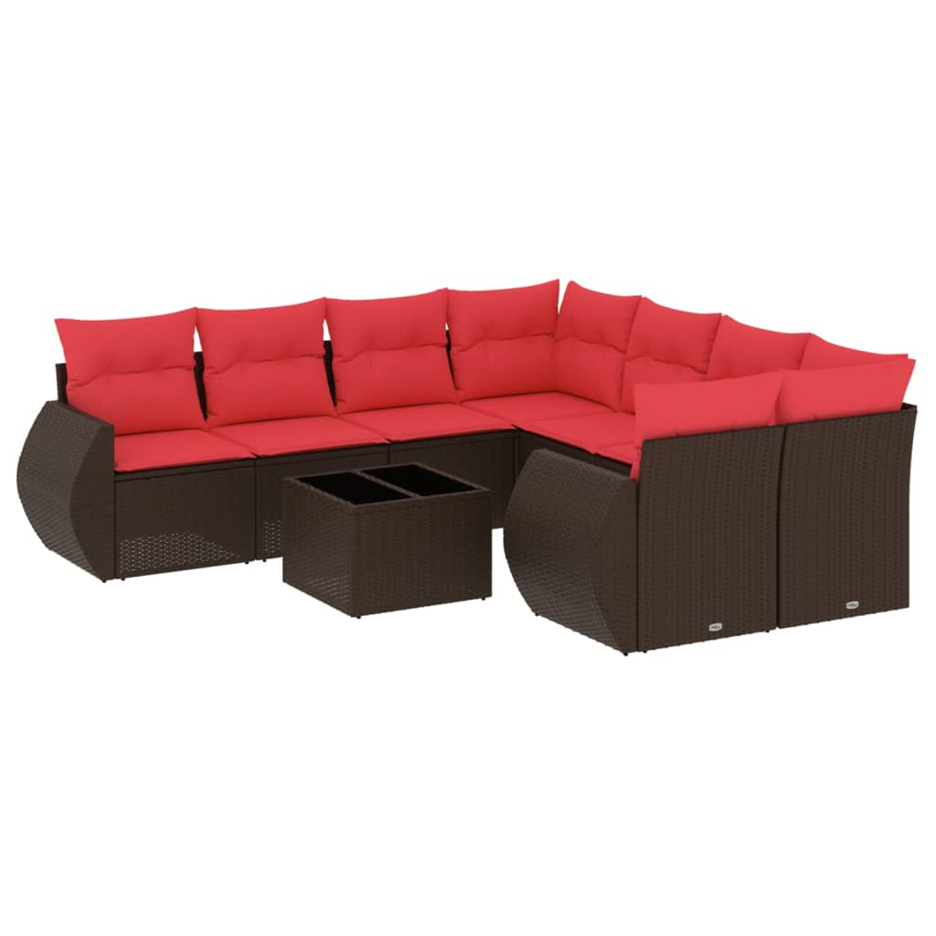 Ensemble de canapé de jardin 9 pcs avec coussins marron résine tressée