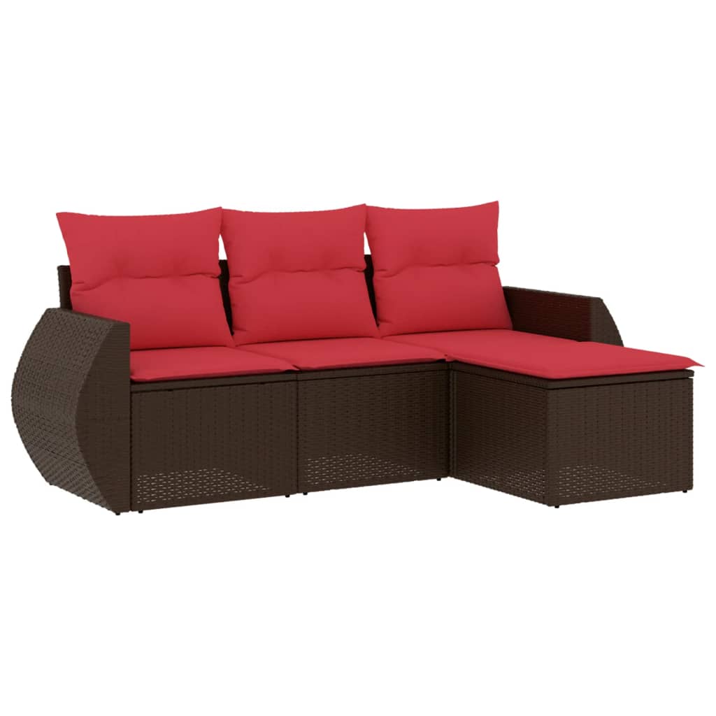 Ensemble de canapé de jardin 4 pcs avec coussins marron résine tressée