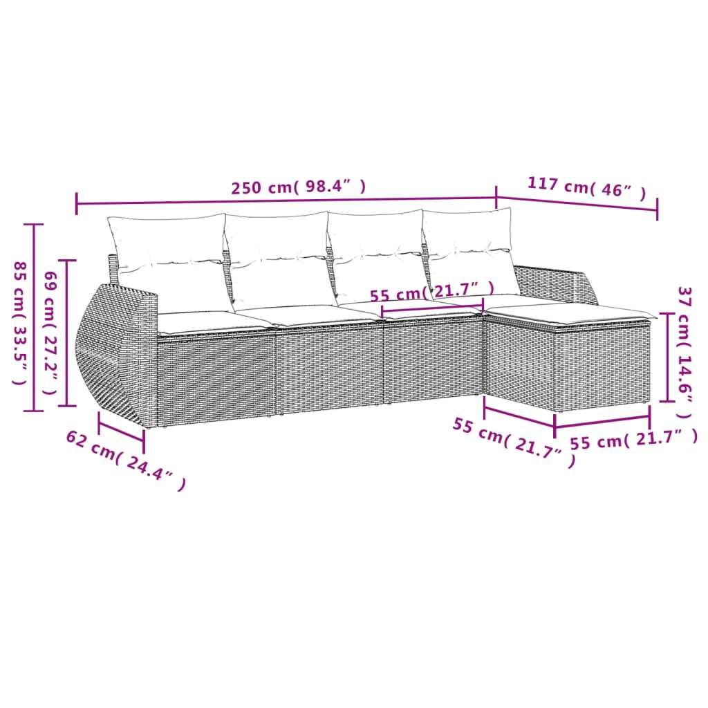 Ensemble de canapé de jardin 5 pcs avec coussins marron résine tressée