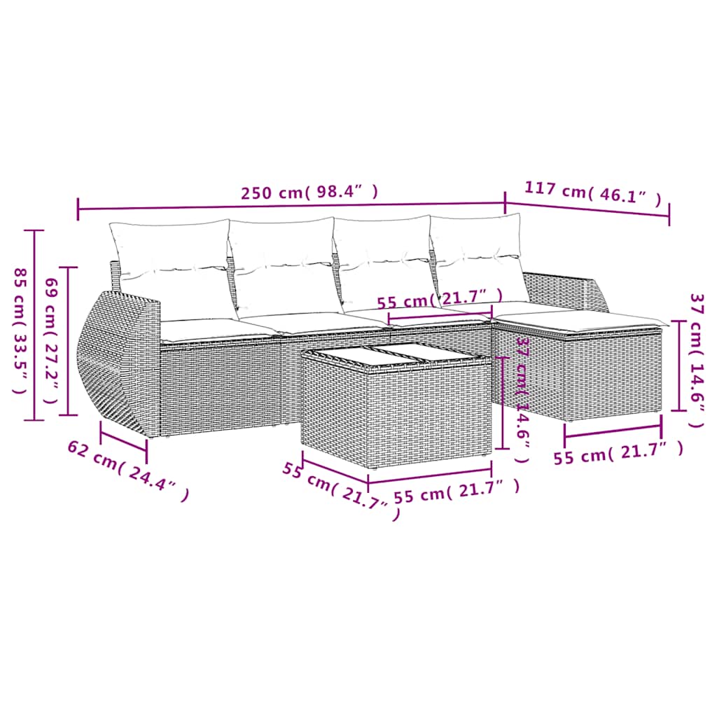 Ensemble de canapé de jardin 6 pcs avec coussins gris résine tressée