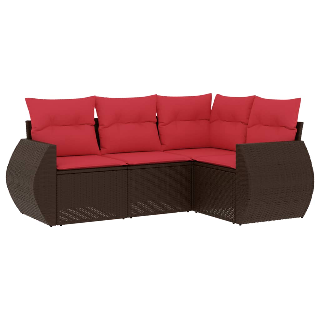 Ensemble de canapé de jardin 4 pcs avec coussins marron résine tressée