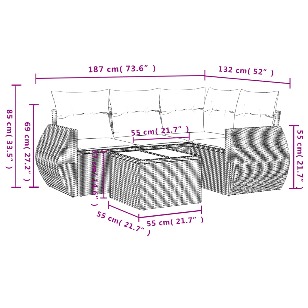 Ensemble de canapé de jardin 5 pcs avec coussins marron résine tressée
