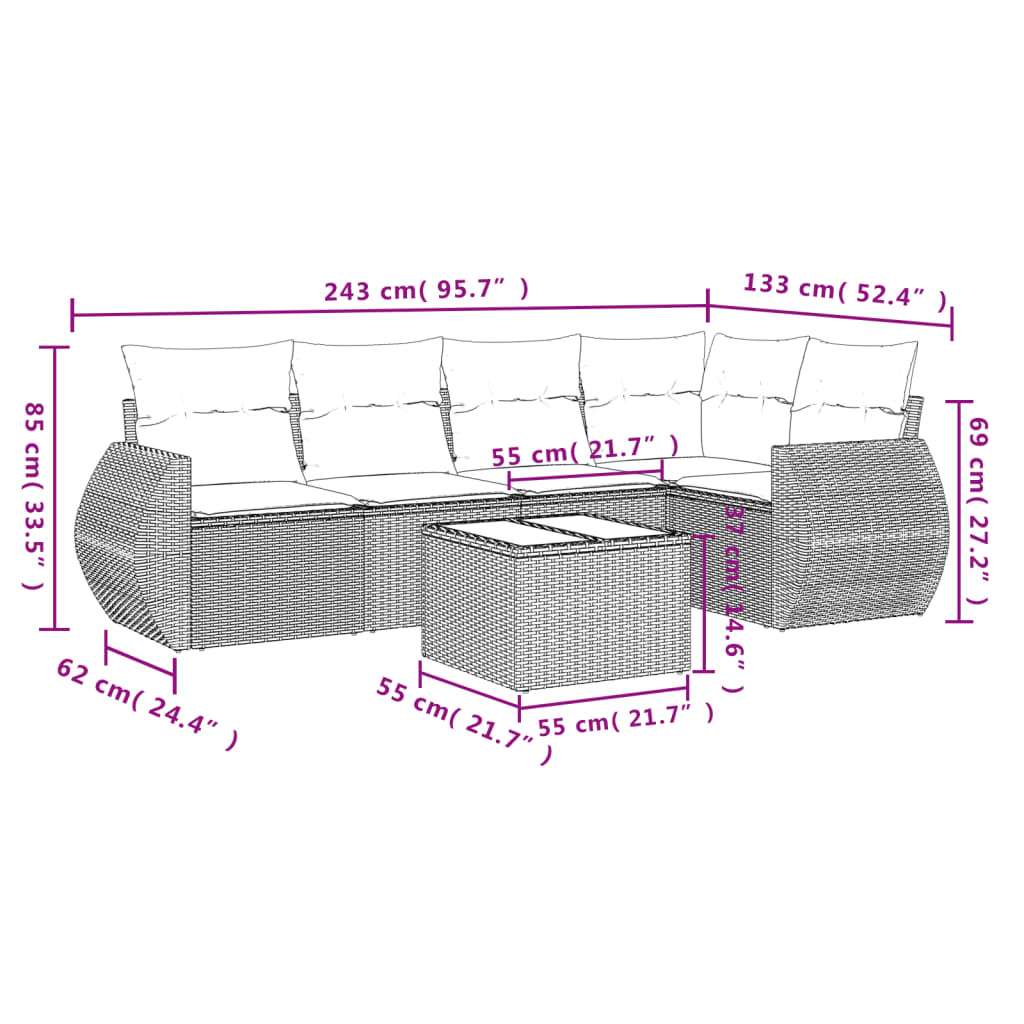 Ensemble de canapé de jardin 6 pcs avec coussins marron résine tressée