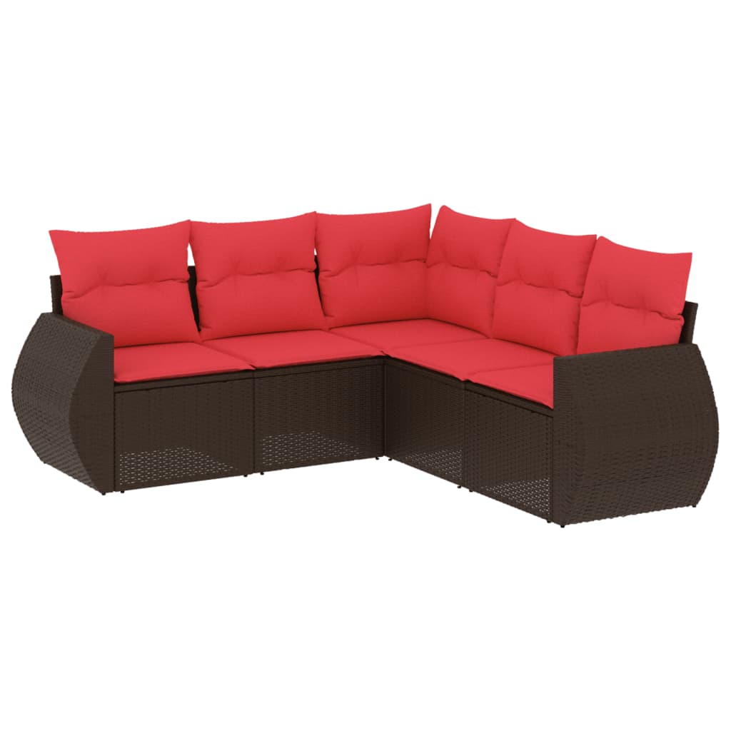 Ensemble de canapé de jardin 5 pcs avec coussins marron résine tressée