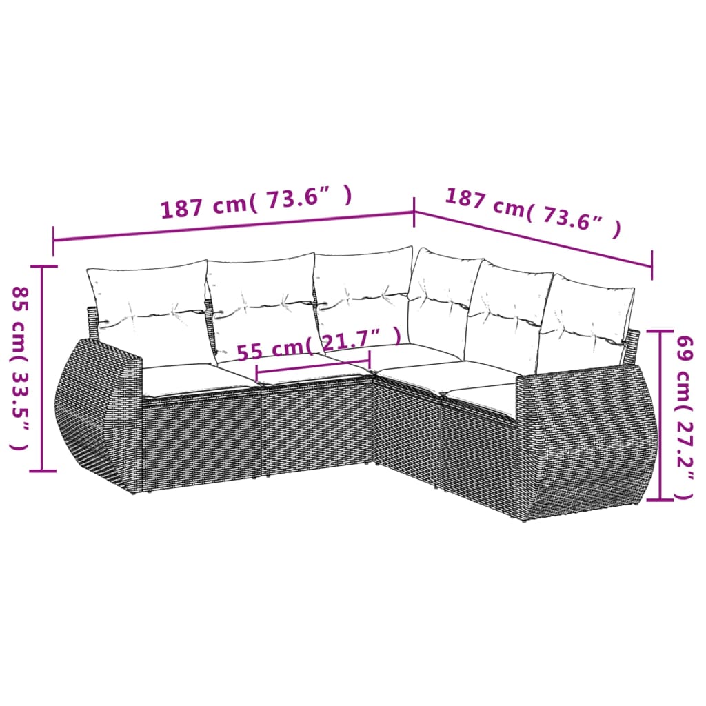 Ensemble de canapé de jardin 5 pcs avec coussins marron résine tressée