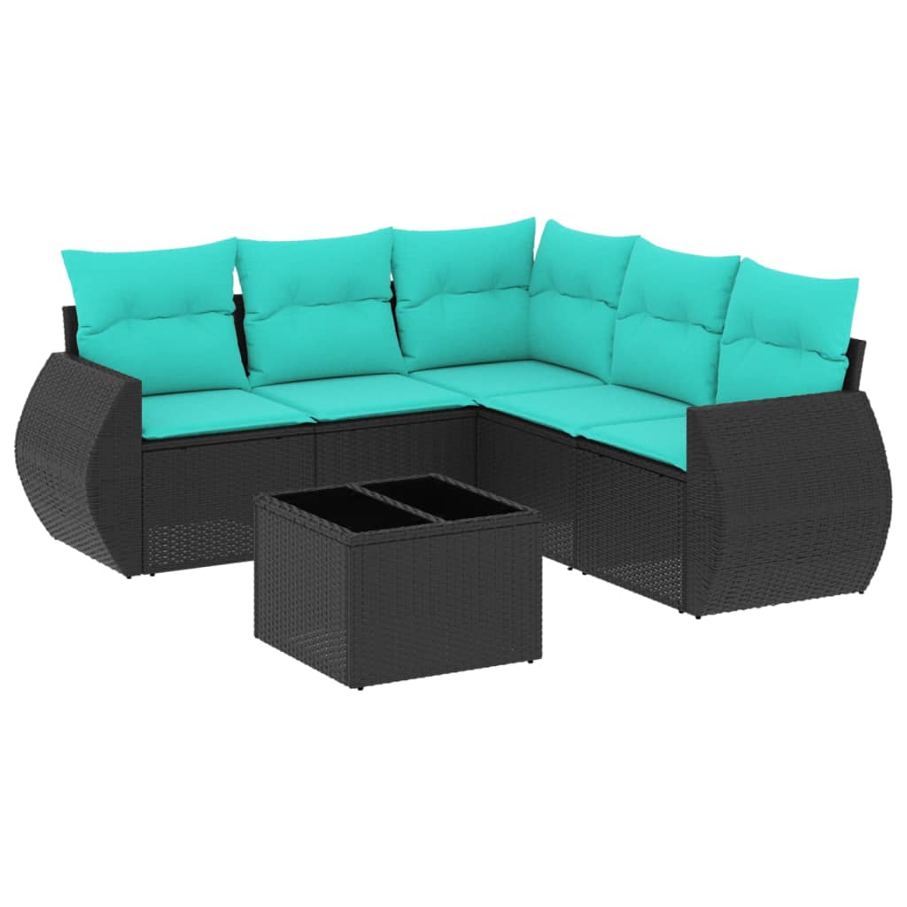 Ensemble de canapé de jardin 6 pcs avec coussins noir résine tressée