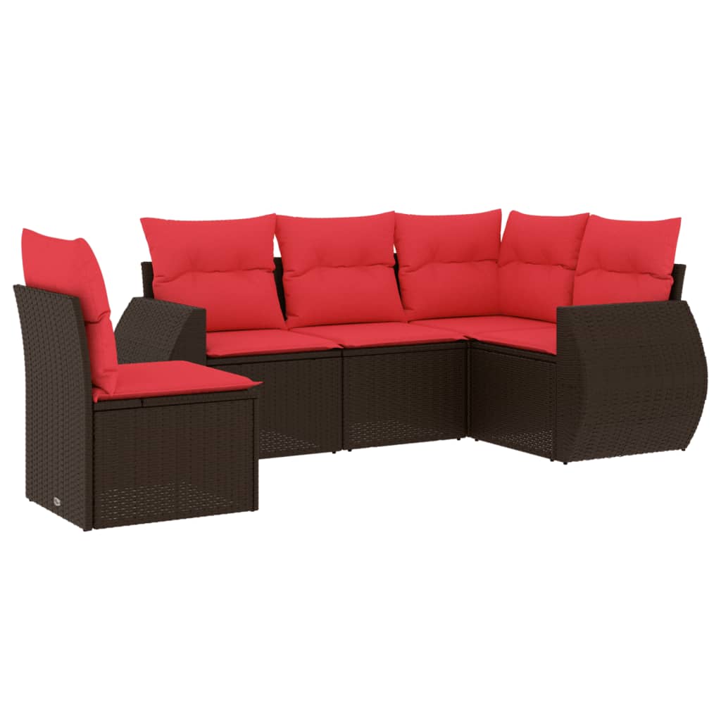Ensemble de canapé de jardin 5 pcs avec coussins marron résine tressée