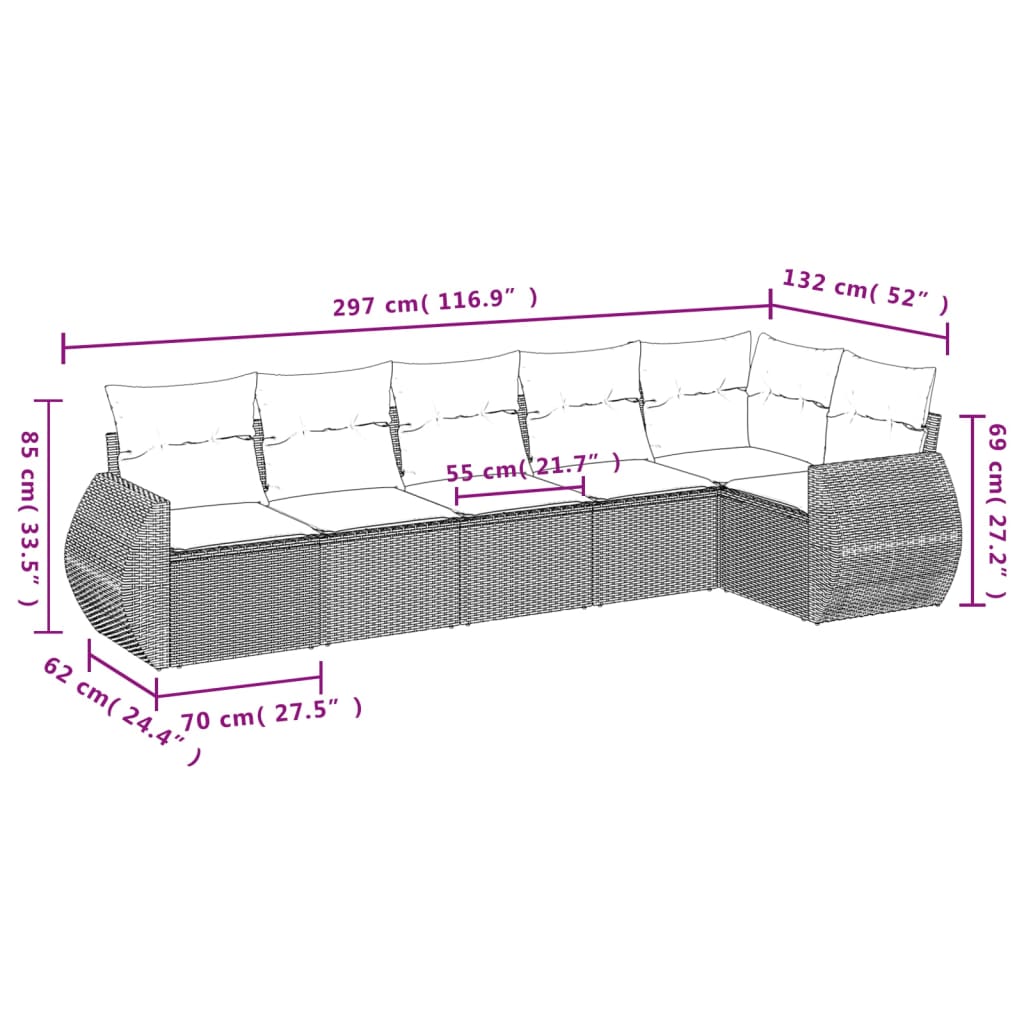 Salon de jardin 6 pcs avec coussins gris résine tressée