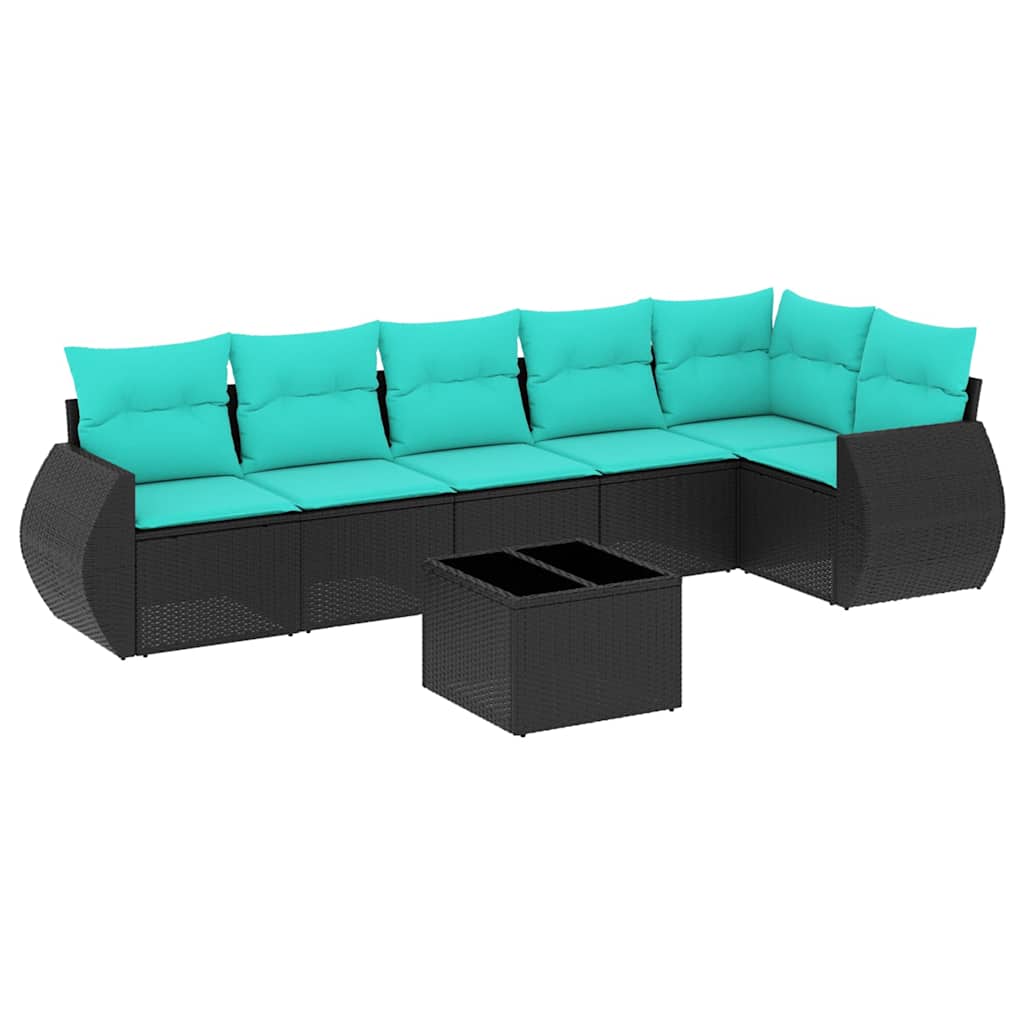 Ensemble de canapé de jardin 7 pcs avec coussins noir résine tressée