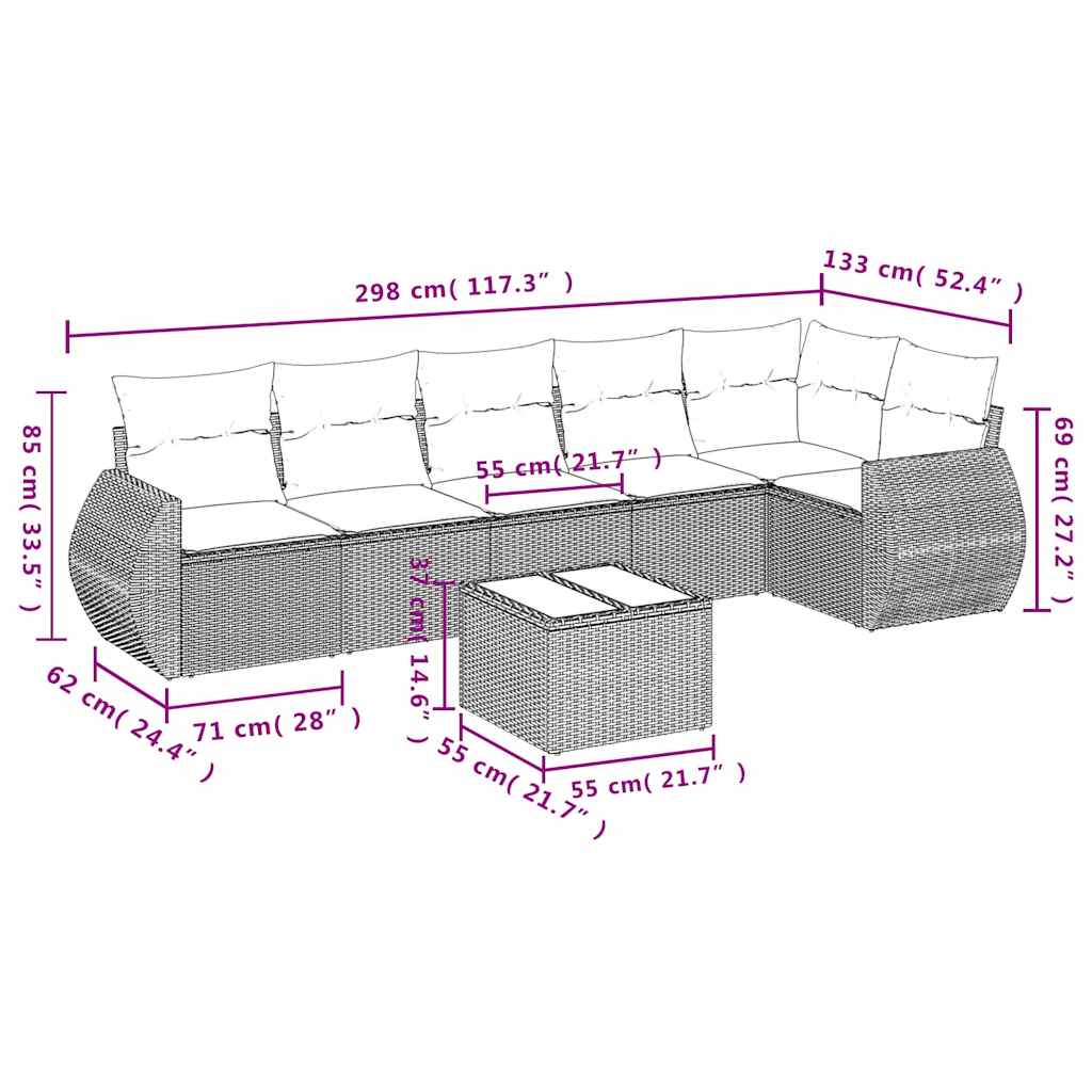 Ensemble de canapé de jardin 7 pcs avec coussins noir résine tressée