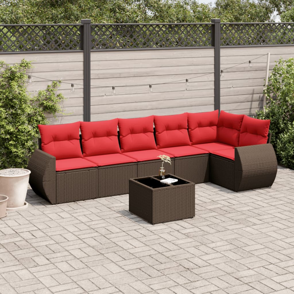 Ensemble de canapé de jardin 7 pcs avec coussins marron résine tressée