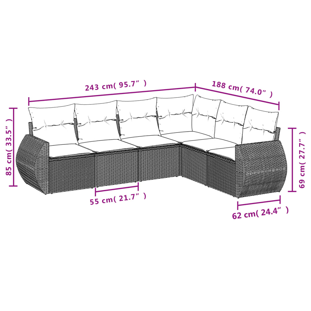 Ensemble de canapé de jardin 6 pcs avec coussins gris résine tressée