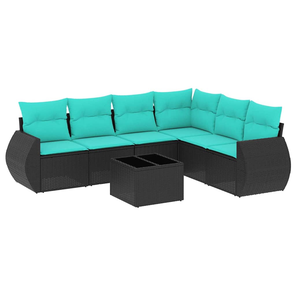 Ensemble de canapé de jardin 7 pcs avec coussins noir résine tressée