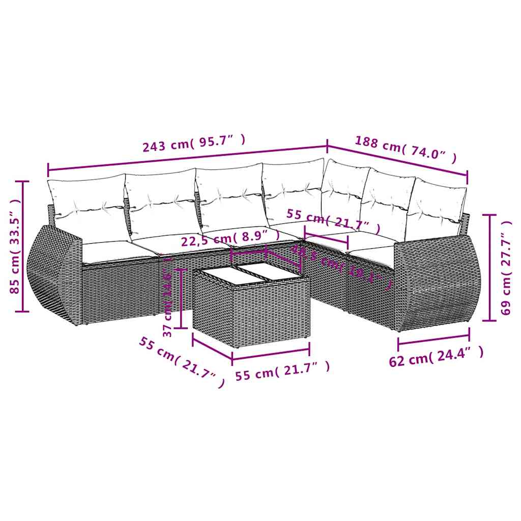 Ensemble de canapé de jardin 7 pcs avec coussins noir résine tressée