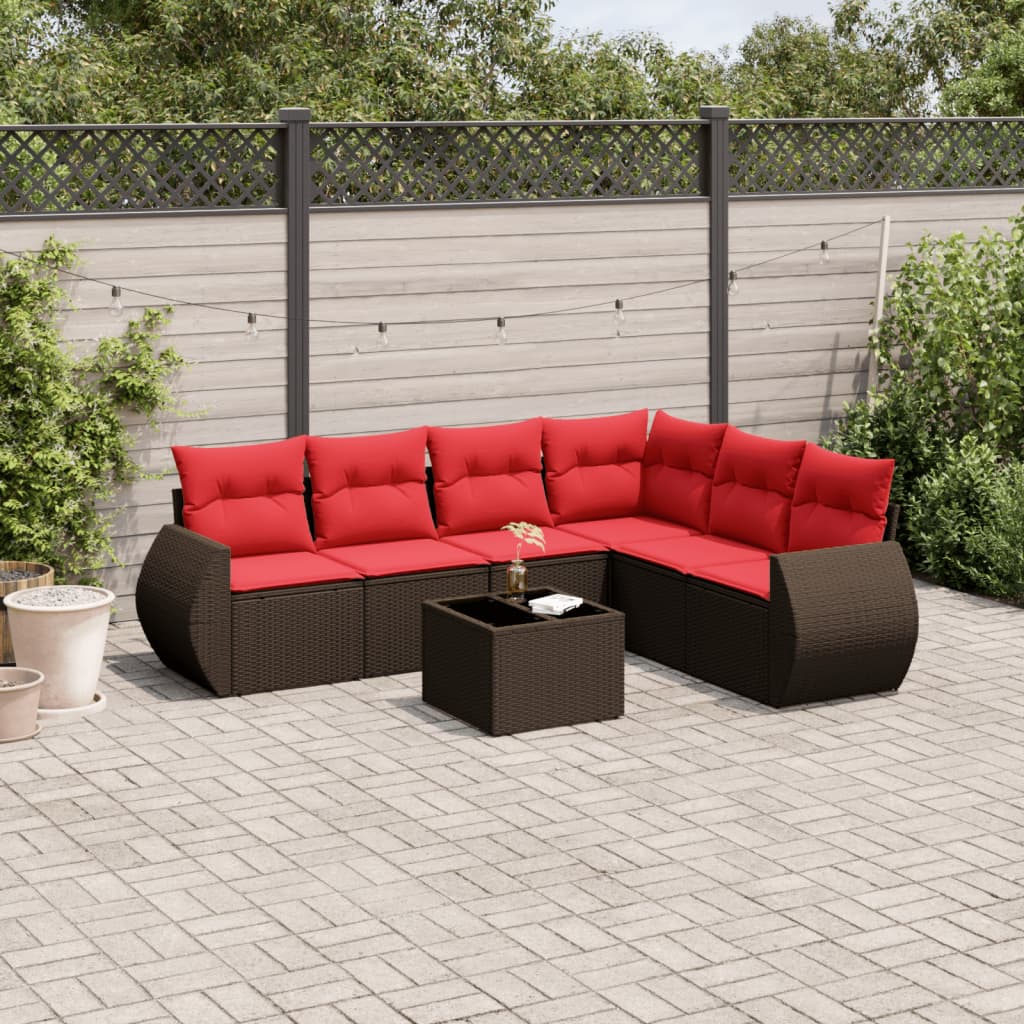 Ensemble de canapé de jardin 7 pcs avec coussins marron résine tressée