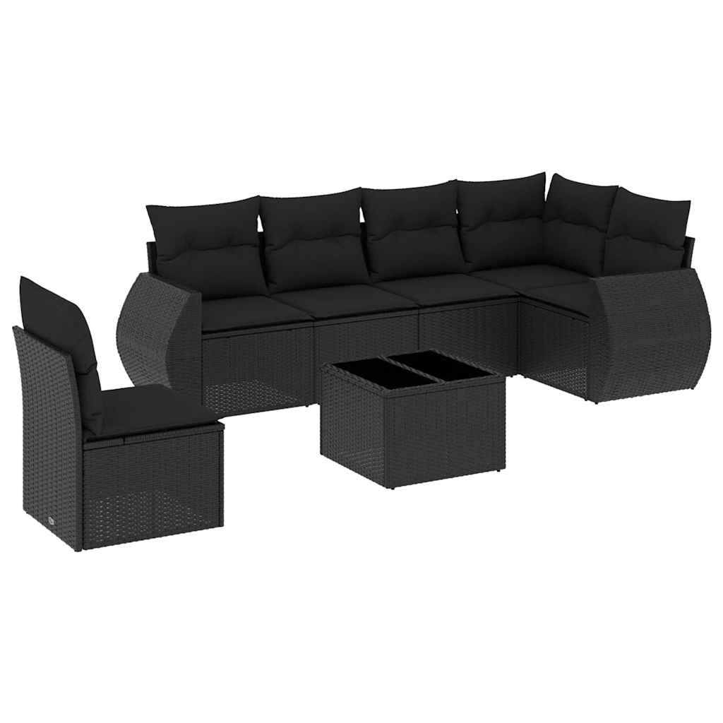 Salon de jardin 7 pcs avec coussins noir résine tressée