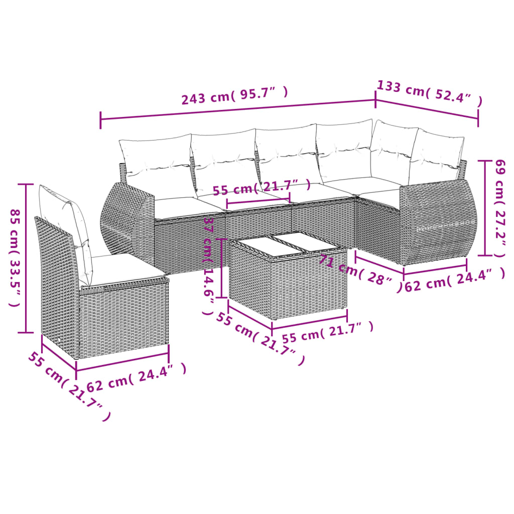 Ensemble de canapé de jardin 7 pcs avec coussins marron résine tressée