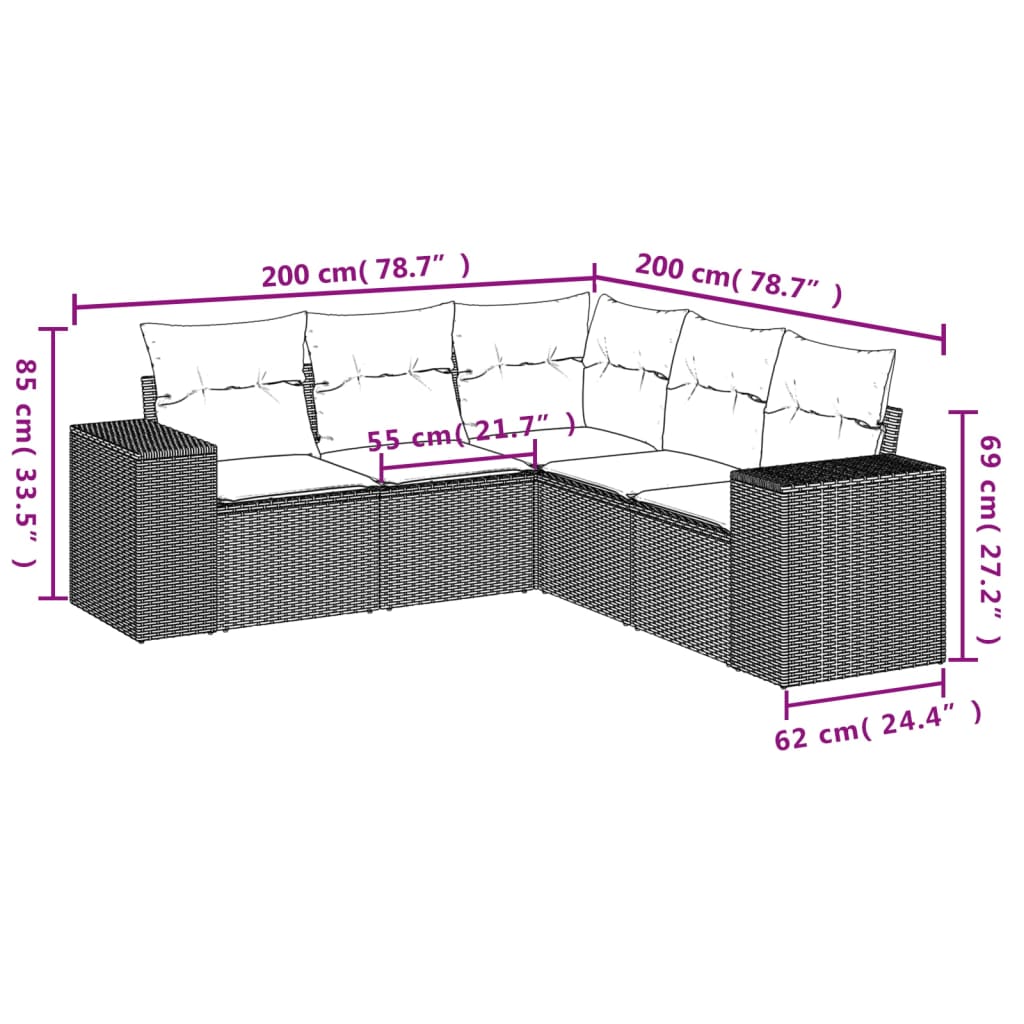Ensemble de canapé de jardin 5 pcs avec coussins marron résine tressée