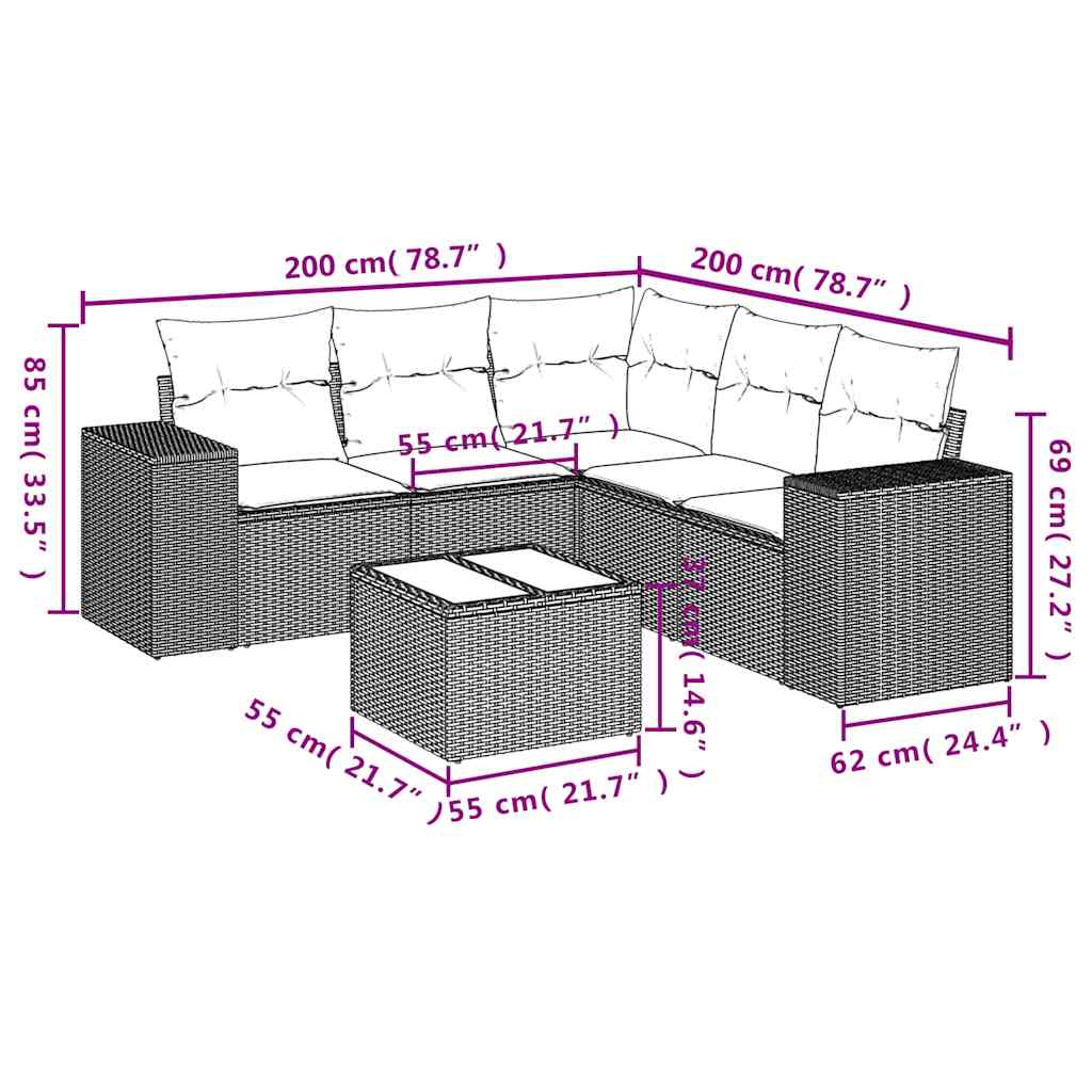 Ensemble de canapé de jardin 6 pcs avec coussins noir résine tressée
