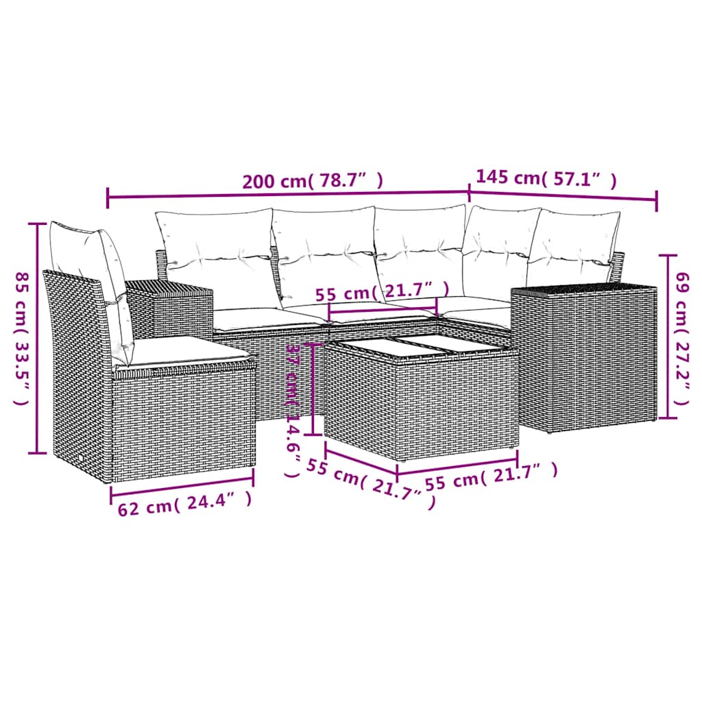 Ensemble de canapé de jardin 6 pcs avec coussins noir résine tressée