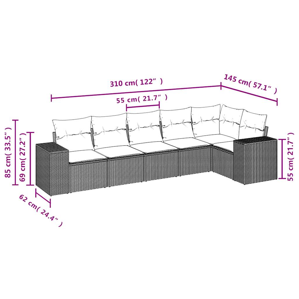 Salon de jardin 6 pcs avec coussins gris résine tressée
