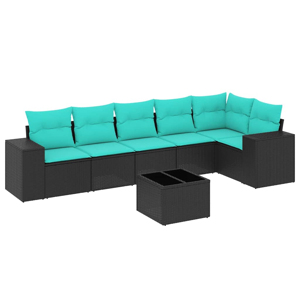 Ensemble de canapé de jardin 7 pcs avec coussins noir résine tressée