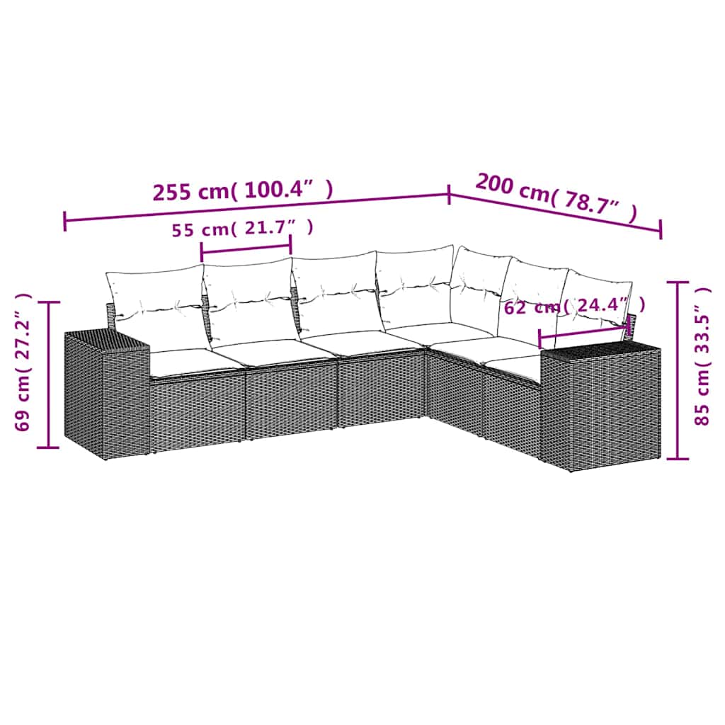 Salon de jardin 6 pcs avec coussins noir résine tressée